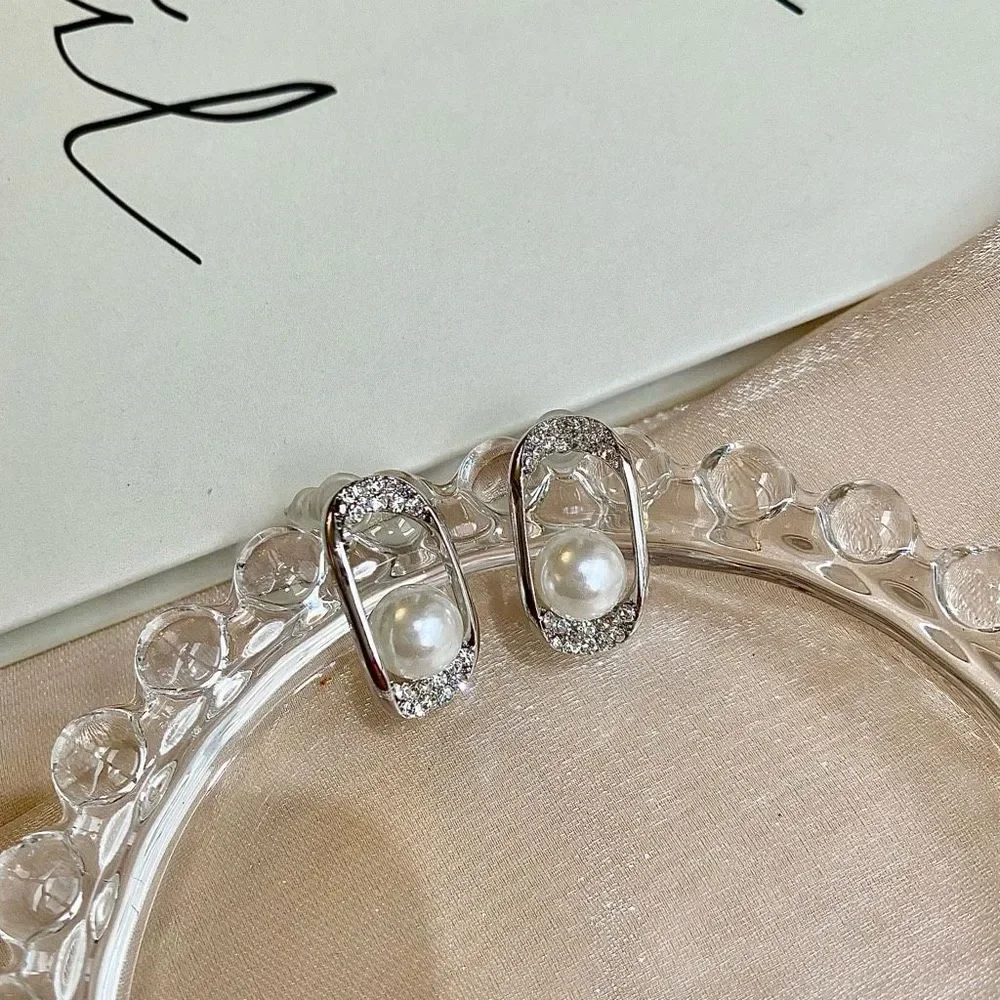 Square Frame CZ Pearl Silver Earrings Studs